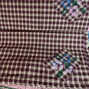 Hand made burgundy and cream table topper